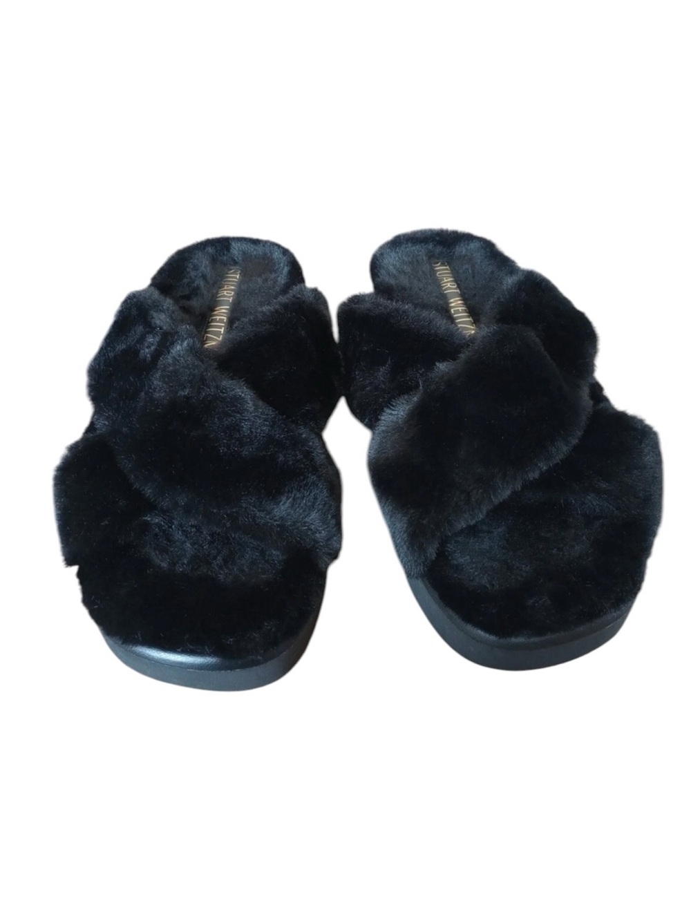 Stuart Weitzman Roza Lift Faux Fur Slide Sandals Black Comfort Designer Size 7